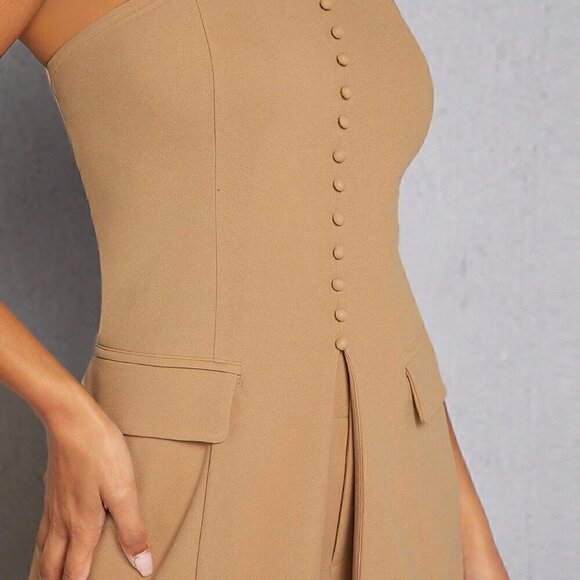 Camel Elegant Women's Button Split Tube Top & Pants Set - Picture 3 of 4